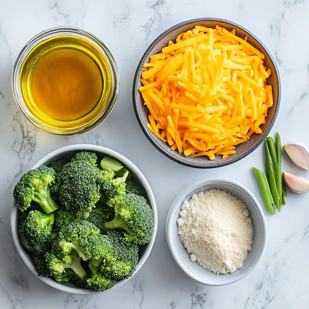Ingredients for gluten free broccoli cheddar soup on marble