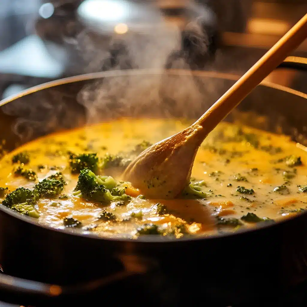 Gluten free broccoli cheddar soup simmering in pot