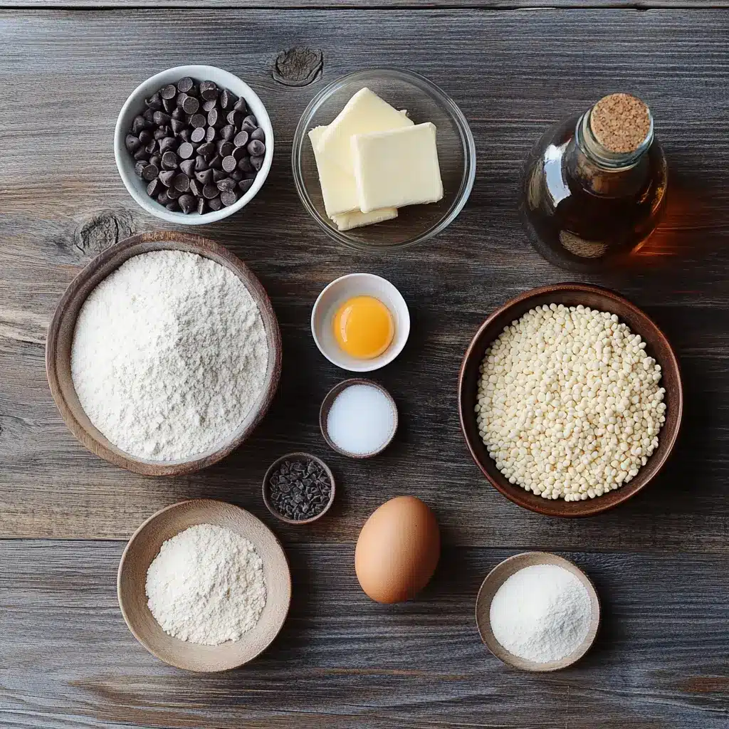 ngredients for rice krispie chocolate chip cookies including puffed rice cereal, chocolate chips, butter, flour, and sugars arranged on a rustic table