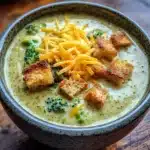 Gluten free broccoli cheddar soup with cheddar and croutons