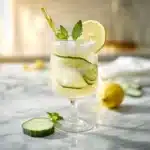 white linen cocktail with cucumber and lemon garnish