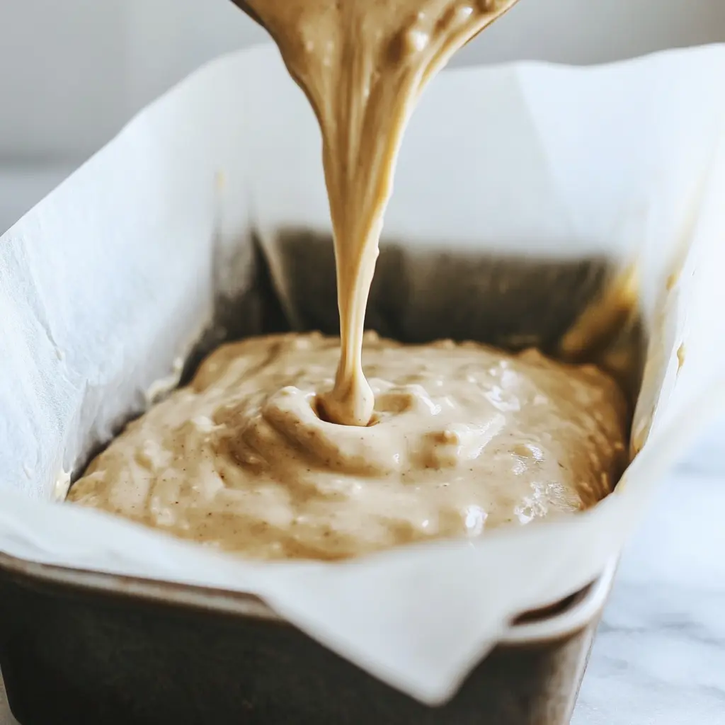 Cottage cheese banana bread batter pouring into loaf pan
