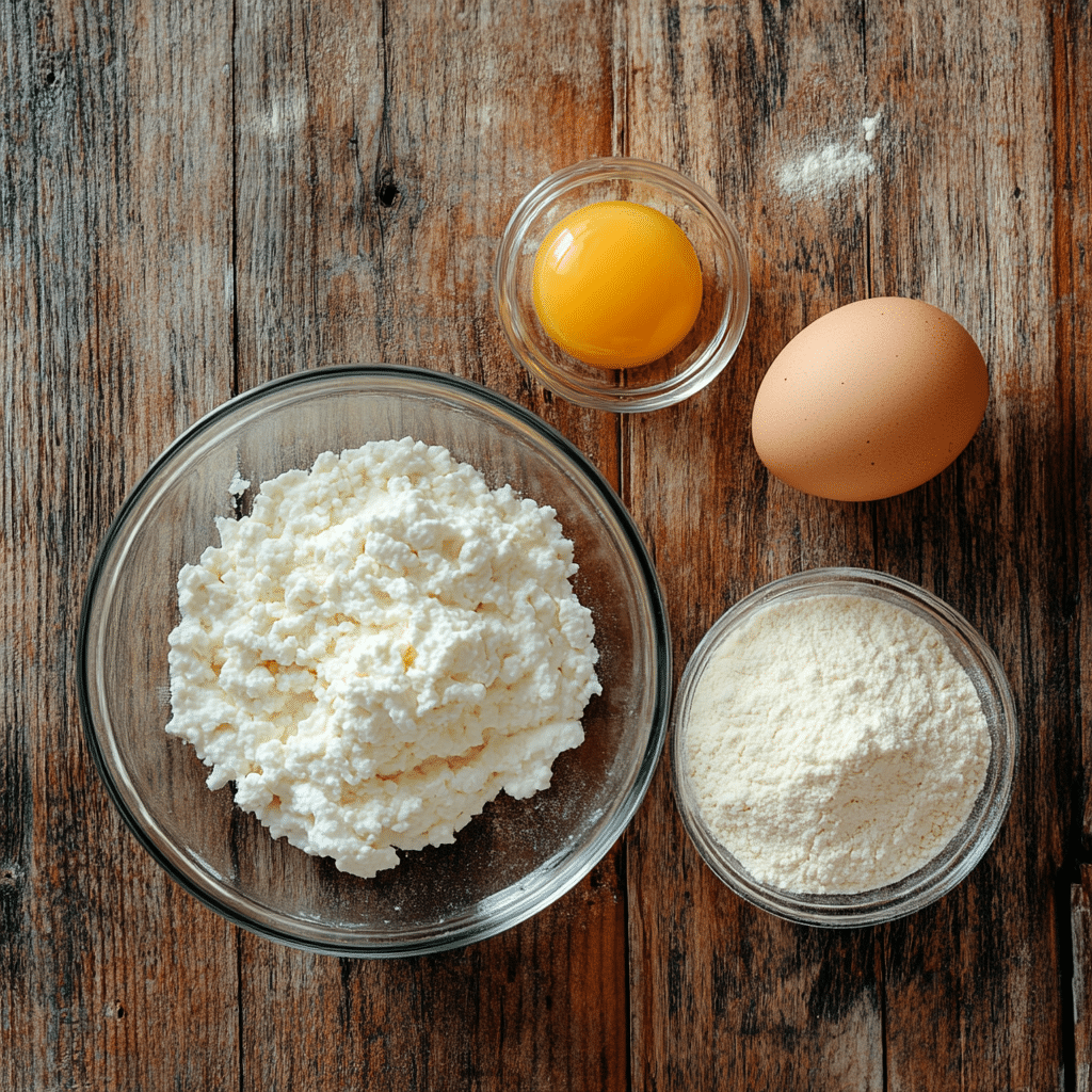 Ingredients for cottage cheese bagels including blended cottage cheese, self-rising flour, and an egg on a wooden surface