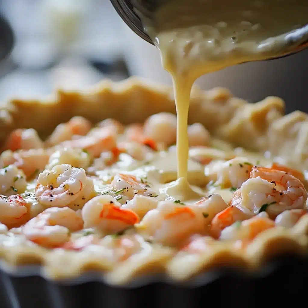 Pouring shrimp pie filling into crust