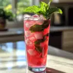 Homemade rhubarb soda with mint in a tall glass